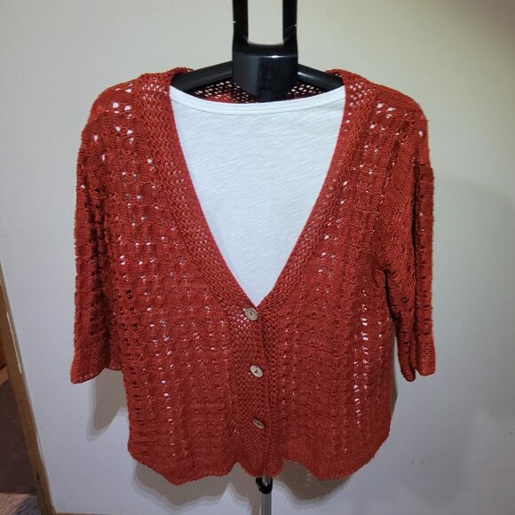 Coldwater Creek Open Knit Short Sleeved Cardigan - Orange - Picture 1 of 5